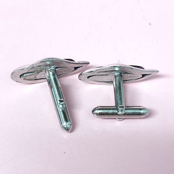 Vintage Swank Cufflinks on Silver Tone and Black Stone - Picture 2 of 4
